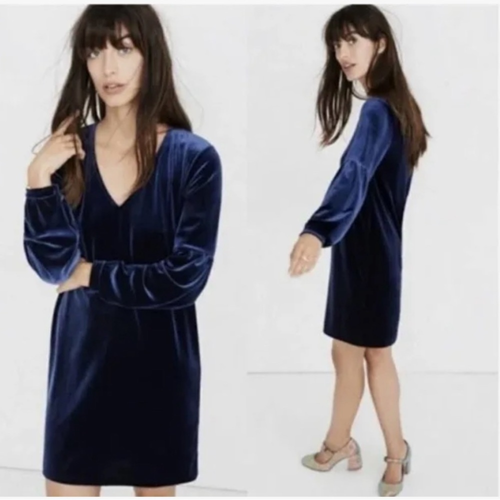 Madewell V Neck Velvet Balloon Sleeve Mini Dress in Twilight Size Medium